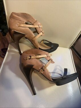 AllSaints Two-Tone Strappy High Heels in Tan&Black Leather w Metallic Rose Heel